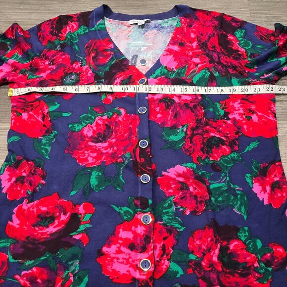 Isaac Mizrahi Live! Red & Blue Floral Print V Neck Button Front Cardigan Sweater - Picture 5 of 7